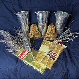 Silver & Gold Craft Lot - Vases Bells Glitter Sprays Tablecloths